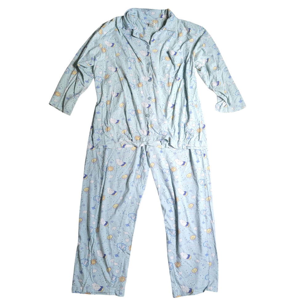 Nordstrom Womens L Pajama Set Long Sleeve PJs Sleepwear Sun Moon Blue Whimsical